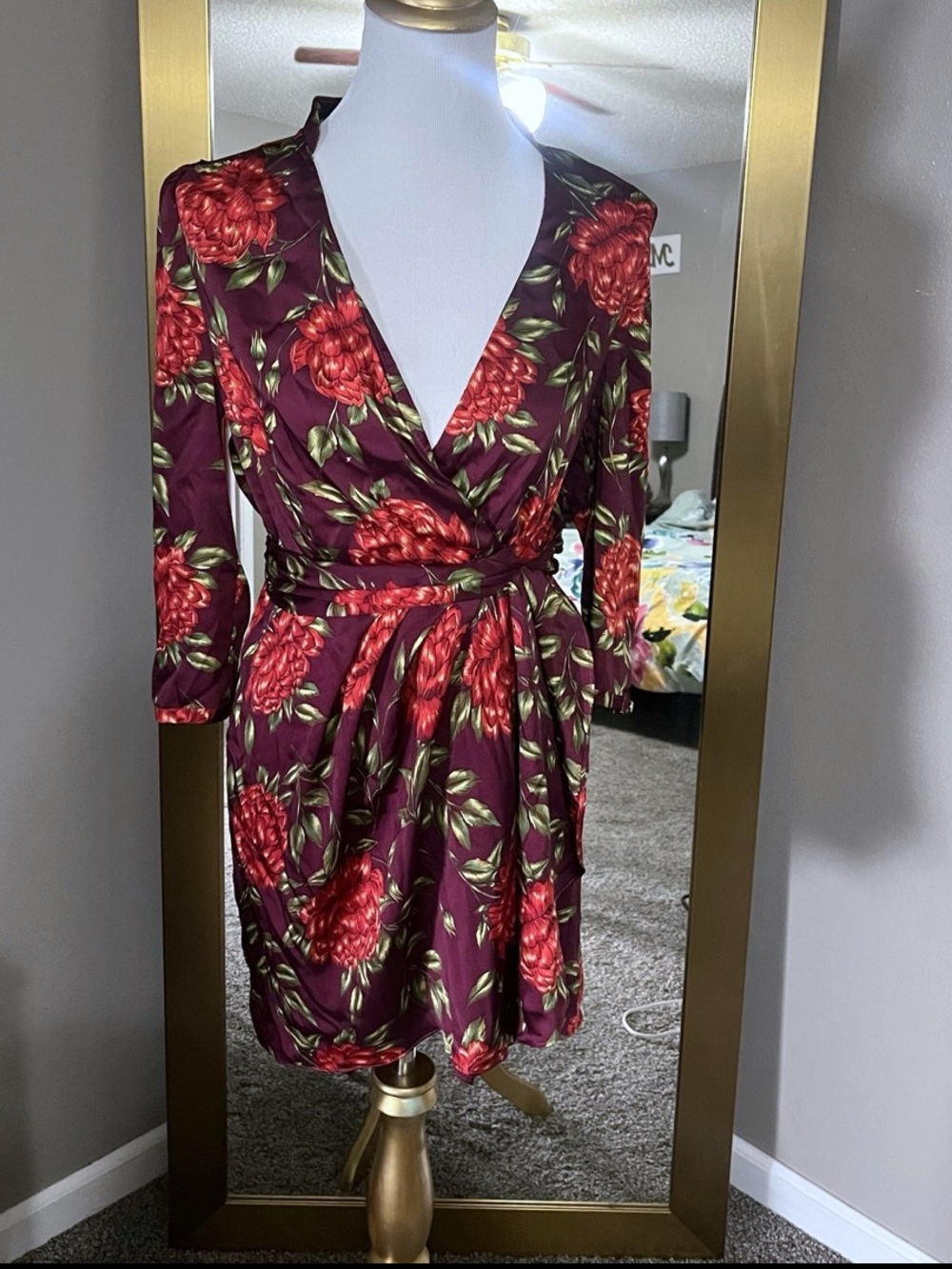 Floral Wrap Long-Sleeve Dress in Burgundy and Red